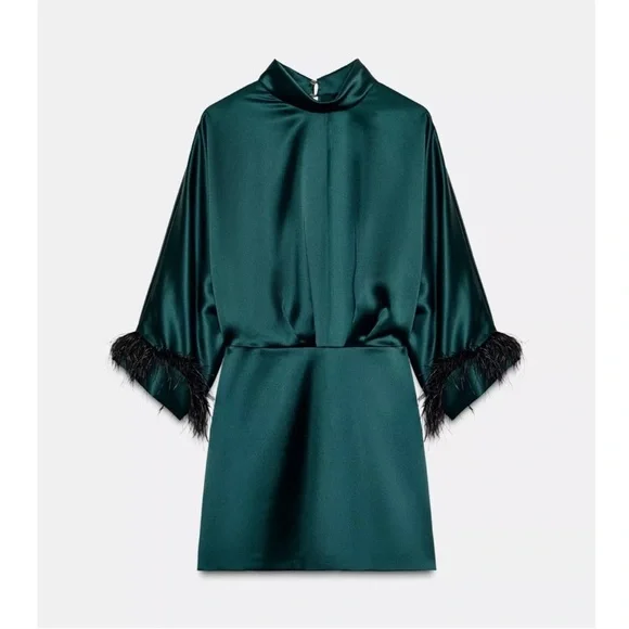 Zara Satin Emerald Green Feather Cuff Mini Dress - Picture 2 of 6